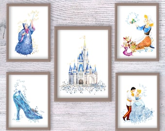 Cinderella print Set of 5 Cinderella poster Cinderella wall decor Cinderella castle print Princess Cinderella watercolor Nursery art V464