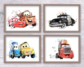 Cars Print Set of 4, Disney Pixar Poster, Lightning McQueen Wall Art, Kids Room Decor, Nursery Wall Decor, Birthday Gift U460