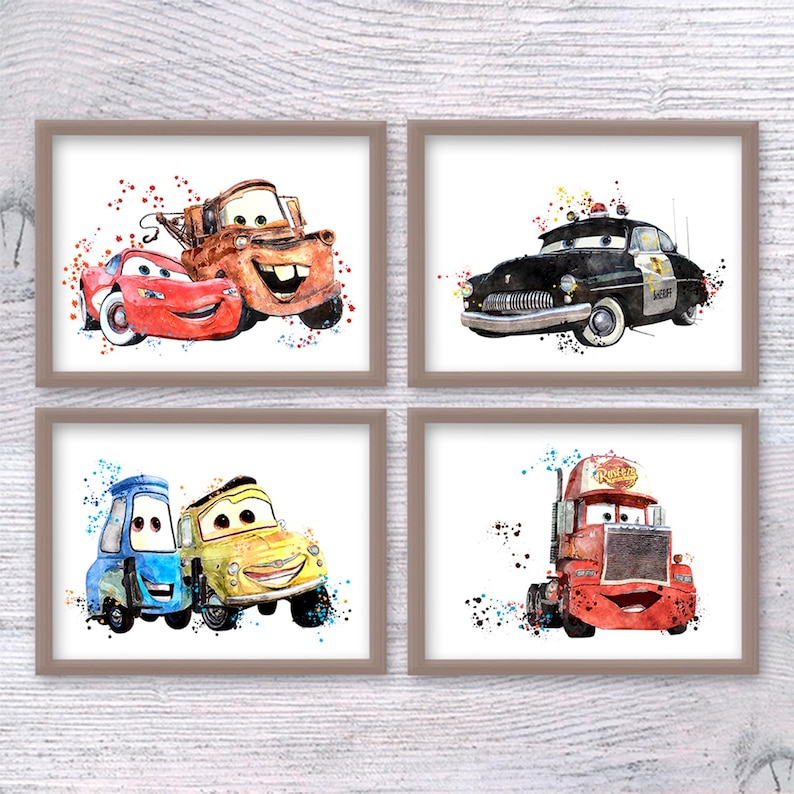May include: Set of four framed watercolor prints featuring cartoon car characters. The prints showcase a red race car, a brown tow truck, a black police car, a blue car, a yellow car, and a red truck. Each car is depicted with a watercolor splash effect.