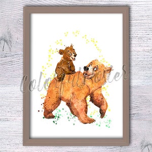 Lámina artística de Hermano Oso - Decoración inspirada en Disney, póster de Kenai y Koda, arte infantil de bosque, decoración de pared para habitación infantil, regalo de cumpleaños V498