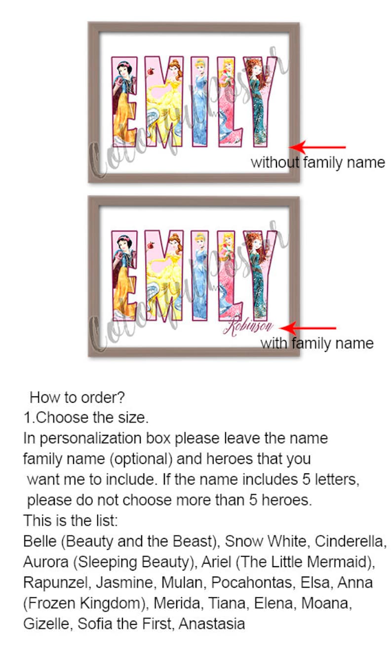 Personalized name poster Personalized princess name Custom princess name princess print Custom name poster V658 image 2