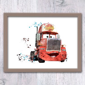 May include: A watercolor illustration of a red semi-truck with a smiling face. The truck has a white cab with the word "Rust-eze" on the side. The truck is surrounded by colorful paint splatters.