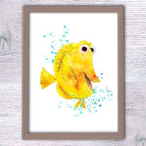 Stampa con bolle di Alla ricerca di Nemo, decorazione da parete per il bagno con pesce chirurgo giallo, arte per la cameretta dei bambini, poster Disney Pixar, stampa a tema oceano V59