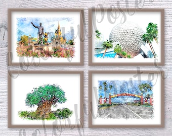 Juego de 4 impresiones de iconos de Disney - Decoración de pared de parque temático con Mickey, Minnie y el castillo - Arte de pared Disney para habitación infantil y hogar V719