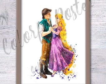 Rapunzel poster Rapunzel and Flynn Rider print  wall decor Nursery room decor  watercolor poster Kids room wall art V357