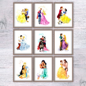 Set of 9 Disney Princess & Prince Prints, Fairytale Wall Art, Nursery or Kids Room Decor, Magical Couple Poster Set, Printed Art V400