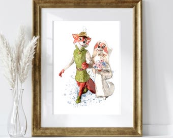 Lámina artística de Robin Hood y Lady Marian, póster de dibujos animados vintage, regalo romántico para parejas, regalo de aniversario o boda, opción personalizada V832