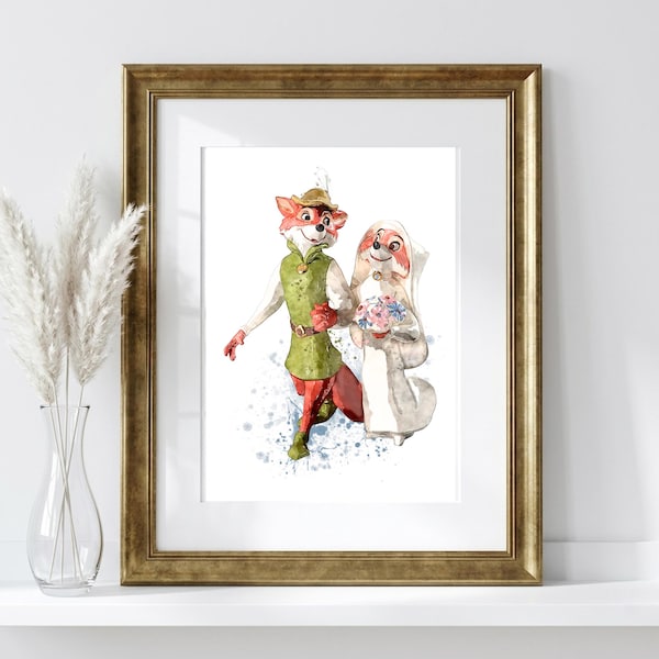 Robin Hood & Maid Marian Art Print, Vintage Cartoon Poster, Romantic Couple Gift, Anniversary or Wedding Gift, Personalized Option V832