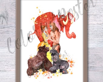 Tarzan and Jane Watercolor Print, Jungle Nursery Decor V377