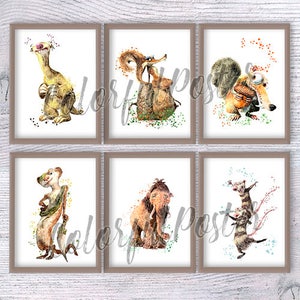 Ice Age Wandkunst Aquarell Poster Sid, Grandma, Buck, Peaches, The Eichhörnchen Scrat, Mammut, Crash und Eddie Unruhestifter, V136