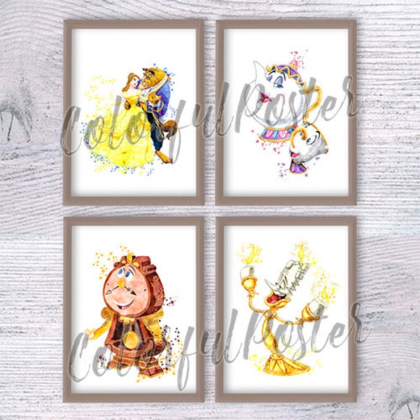 Beauty and the Beast poster Set of 4 Princess Belle print Beauty and the Beast wall decor Belle watercolor Princess Belle poster V160