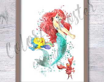 Ariel Ariel und Freunde Poster Meerjungfrau Druck Meerjungfrau Wanddekor Prinzessin Ariel Poster Ariel Aquarell Kinderzimmer Kunst V434