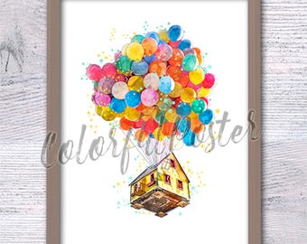 Up poster, op Disney Pixar geïnspireerde print, Carl en Ellie Art, decor kinderkamer, cadeau voor Disney-fan, decor film Up, verjaardagscadeau V506