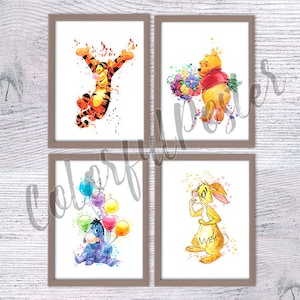 Winnie the Pooh Print Set of 4, Pooh Bear and Friends Wall Art, Nursery Decor, Pooh Bear, Piglet, Tigger, Eeyore Poster, Birthday Gift V62