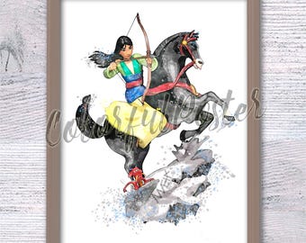 Princess Mulan Print, Disney Inspired Poster, Mulan Riding Horse, Warrior Princess, Disney Wall Decor, Mulan Fan Art, Birthday Gift V872