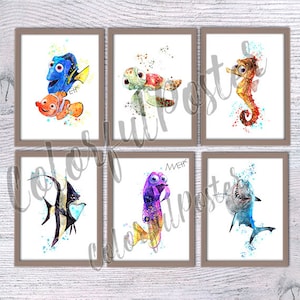 Alla ricerca di Nemo, set di 6, Squirt, Sheldon, Gurgle, Gill, Bruce, Dory, poster per la cameretta dei bambini, arte per il bagno, regalo di compleanno, arredamento per la casa, arte murale V31