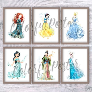 Disney inspirierte Prinzessinnen Print-Set, 6 Prinzessinnen Poster, Cinderella, Schneewittchen, Merida, Mulan, Elsa, Jasmin, Mädchenzimmer Dekor V125