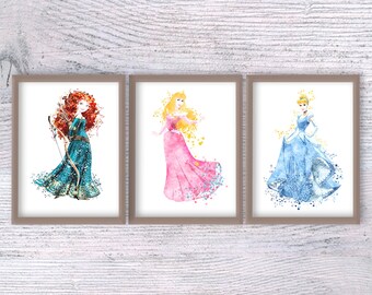 Prinzessin Aquarell Kunstdrucke: Merida, Aurora, Cinderella Set V86