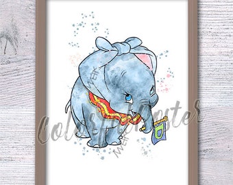 Dumbo The Elephant poster Dumbo The Flying Elephant print Dumbo wall decor Nursery art Dumbo watercolor Baby Dumbo poster V162