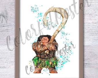 Impresión de Maui Póster de Maui Moana Princesa Moana Decoración de pared de Moana Acuarela de Maui Arte infantil Maui Semidiós V278