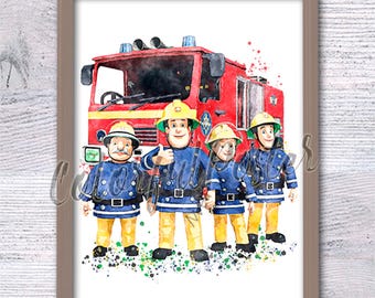 Fireman Sam poster Fireman Sam friends Cartoon firefighter Sam Tan Fireman watercolor Fireman Sam fellow firefighters V707
