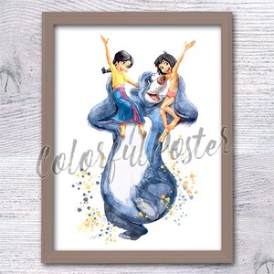 May include: A watercolour illustration of a blue bear with two children on its back. The girl is wearing a pink and blue dress and the boy is wearing a green and brown outfit. The bear is smiling and the children are laughing. The background is white with yellow and black splatters.