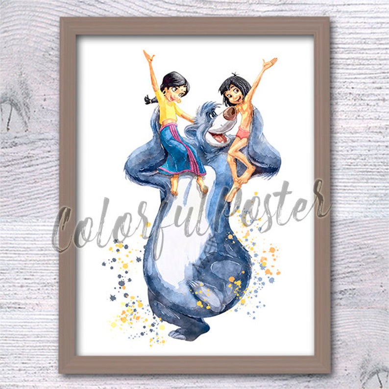 May include: A watercolour illustration of a blue bear with two children on its back. The girl is wearing a pink and blue dress and the boy is wearing a green and brown outfit. The bear is smiling and the children are laughing. The background is white with yellow and black splatters.