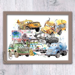 Póster de Cars, impresión de Cars 3, decoración de pared de todos los coches, arte infantil, coches bonitos, acuarela de Cars 3, decoración de habitación infantil, regalo de cumpleaños, decoración del hogar, arte de pared V839