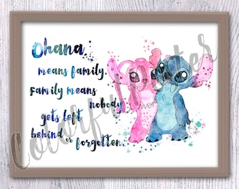 Stitch and Angel Watercolor Print: Ohana Family Art V682