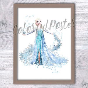 Elsa princesa Elsa estampado Congelado Cartel de acuarela de Elsa Decoración de pared de hadas Regalo de baby shower Decoración de la habitación de los niños Sala de guardería colgante de pared V137
