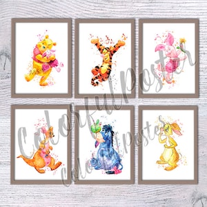 Winnie the Pooh Print Set of 6, Classic Nursery Wall Art, Vintage Storybook Decor, Pooh and Friends Illustrations, Baby Room Gift V57