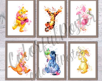 Winnie the Pooh print Set of 6 Winnie poster Pooh Bear, Tigger, Piglet, Kanga, Roo, Eeyore, Rabbit prints Nursery art Pooh Bear print V57