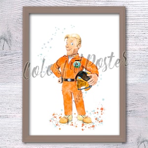 Póster del piloto de rescate de Tom Thomas, Sam el bombero, impresión del bombero Sam, dibujo animado del bombero Sam Tan, acuarela de bombero, decoración de habitación para niños V807