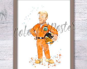 Feuerwehrmann Sam Poster: Tom Thomas Rettungspilot, Kinderzimmer Aquarell Druck V807