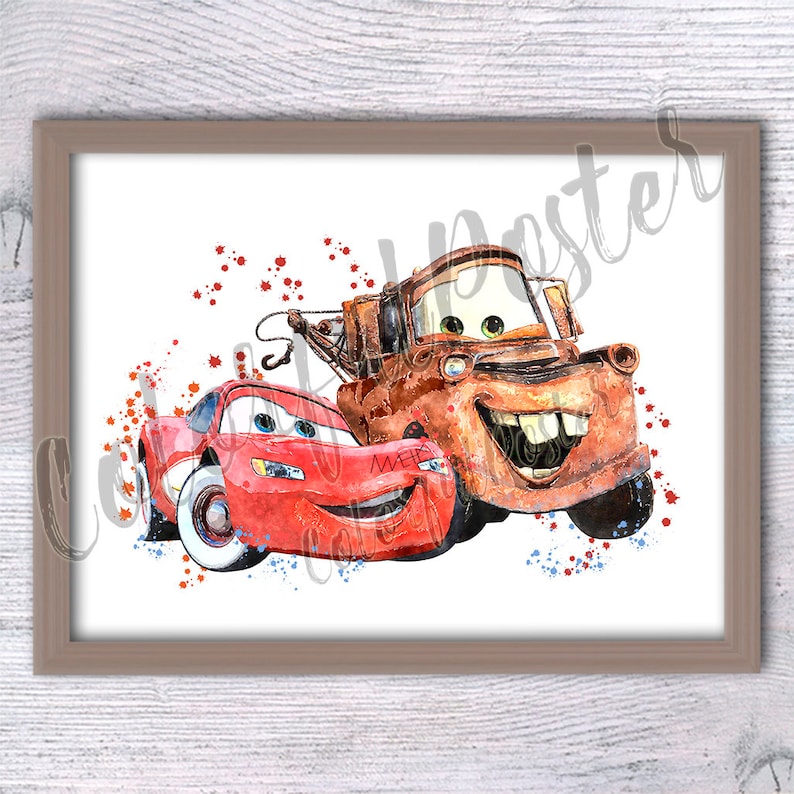 May include: A watercolor painting of two cartoon cars, a red race car and a rusty orange tow truck, with a white background and red and blue paint splatters.