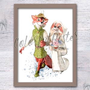 Stampa artistica Disney Robin Hood e Lady Marian, poster vintage di cartoni animati, decorazione da parete di film d'animazione classici, regalo di anniversario V832