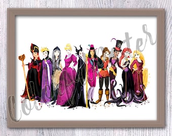 Princess Villains Watercolor Art Print: Fairy Tale Nursery Decor V600