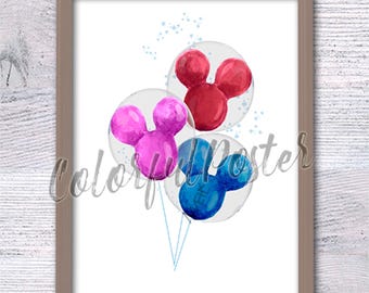 Disney Luftballons drucken Micky Maus Luftballons Disney Wanddekor Disneyland Luftballons Kinderzimmer Kunst Disney Luftballons Poster V699