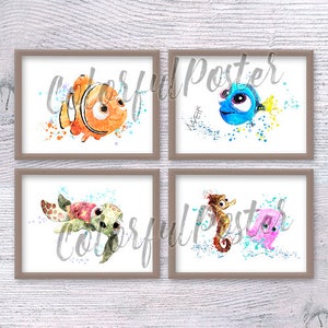 Juego de 4 Nemo print Finding Dory poster Squirt Sea horse Sheldon illustration Nursery room decor Baño arte V215