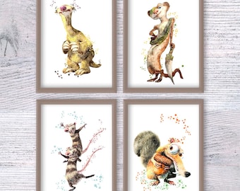 Ice Age Film inspiriert Kunstdrucke 4er Set, Scrat Sid Manny Diego Wanddekoration, Kinderzimmer Kinderzimmer Kunst, Zeichentrickfilm Fan Geschenk V134