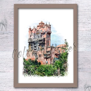 Hollywood Tower Hotel print Disney theme park Twilight Zone Tower of Terror Disney wall decor Tower watercolor Disney icon V713