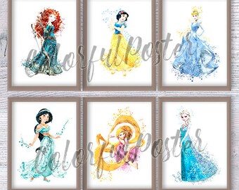 Fairy princess print Set of 6  Disney princess poster Magic castle print Disney wall decor Nursery art Christmas gift V122