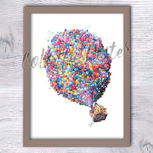 Up movie print Up poster Pixar Up acuarela ilustración decoración de pared Decoración de la sala de juegos Decoración de la habitación de los niños Regalo de baby shower V507