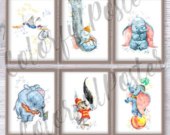Dumbo Poster, Set of  6 Vintage Dumbo Prints, Disney Nursery Wall Art, Watercolor Dumbo, Disney Dumbo Baby Shower Gift V617