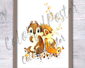 チャップリンと子供のアートプリント チップとデールのアートプリント リトルチップマンクス 水彩画