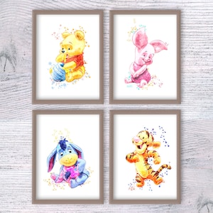 Baby Winnie de Pooh-poster Set van 4 Pooh, beer en vrienden afdrukken Pooh muur decor kinderkamer kunst aan de muur kinderkamer interieur verjaardagscadeau V420