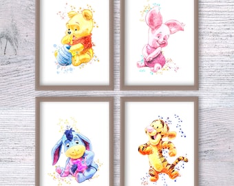 Winnie Puuh Physische Drucke, 4er-Set Aquarell Poster, Kinderzimmer Wandkunst, Geschlechtsneutrales Baby Geschenk, Ungerahmt V420