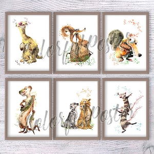 Ice Age poster, Squirrel Scrat, Set of 6 movie art, Nursery, Baby room, Sid, Buck, Crash and Eddie, Scratte, Shira and Diego,  V135