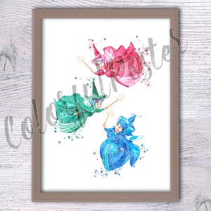 Cartel de la Bella Durmiente 3 Madrinas imprimir Póster de las Hadas Madrinas Decoración de la pared de la habitación de la guardería Regalo de baby shower V194