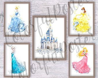 Princess poster Set of 5 Princess watercolor print Fairy wall decor Christmas gift Kids room art V532